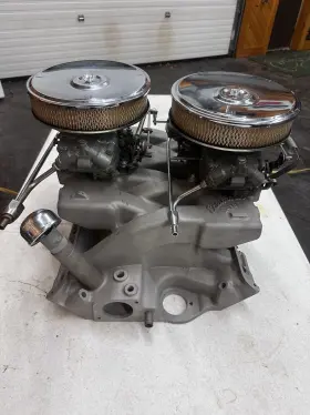 X-f66p Edelbrock X-66 Cross Ram Intake Complete Unit Inc Carbs Linkage Air Cleaners