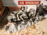 Edelbrock Aluminum Intake 359 3X2 Ford Flathead W/ Stromberg 48 Carburetors. Fixed Price $650.00.