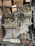 Offenhauser Cross Ram Intake Manifold 5893 & Twin Holley Carbs 9776 Linkage. Fixed Price $1995.00.